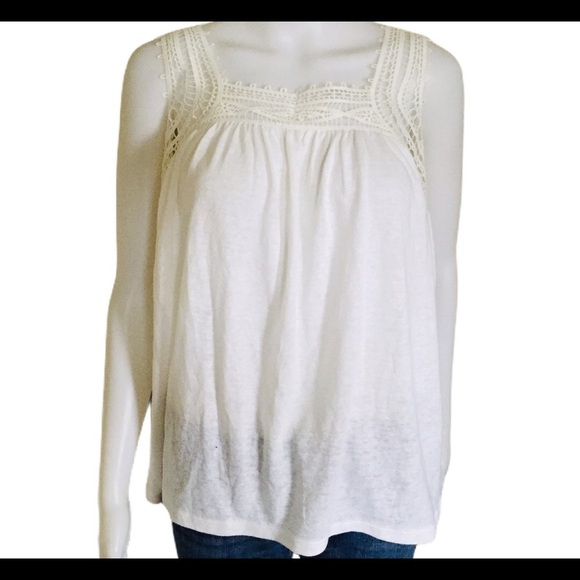 NWT GAP Linen Crochet/Lace Trim Tank/Top With Round Neck Ivory White Size Small - Picture 7 of 11